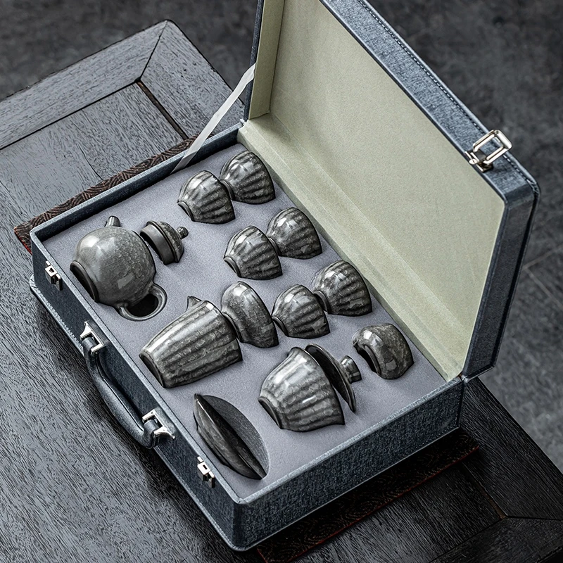 黑冰功夫茶具茶杯套装家用高档冰花纹盖碗茶具办公室会客送礼礼盒