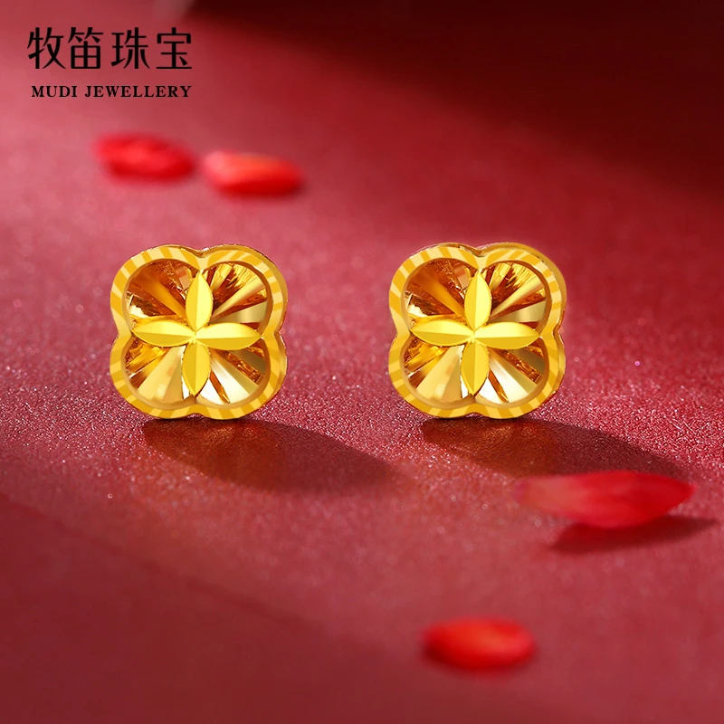 足金999四叶草耳钉时尚幸运草镂空24K金耳环短款百搭养耳耳饰