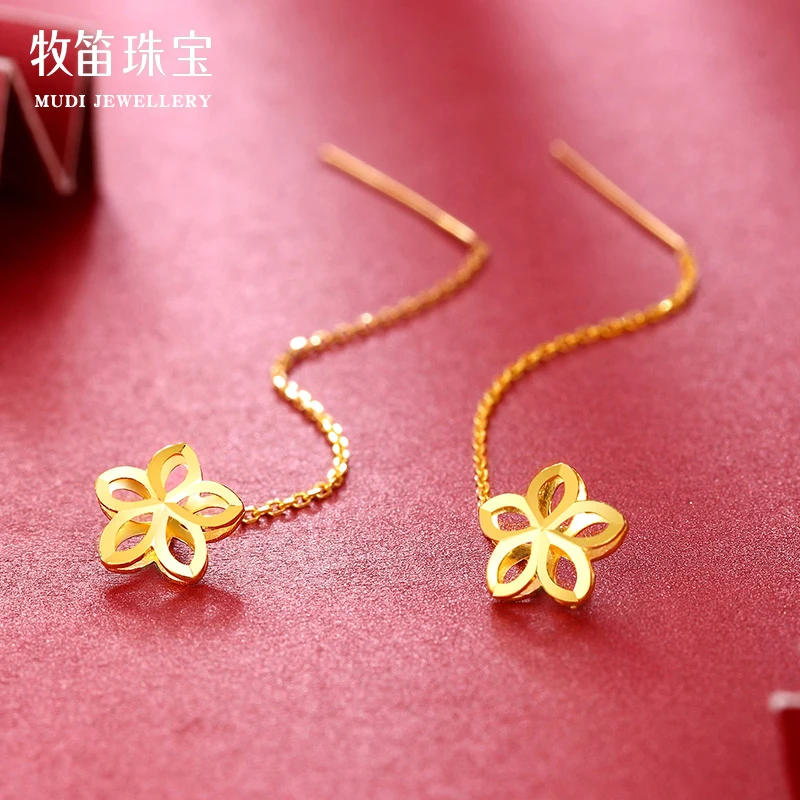 牧笛足金999花朵耳线黄金耳饰长款简约时尚耳线花朵5G极光金耳坠