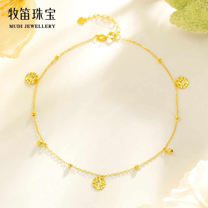 18K黄金脚链女新款潮金钱币坠感轻奢精致au750彩金脚饰可调节