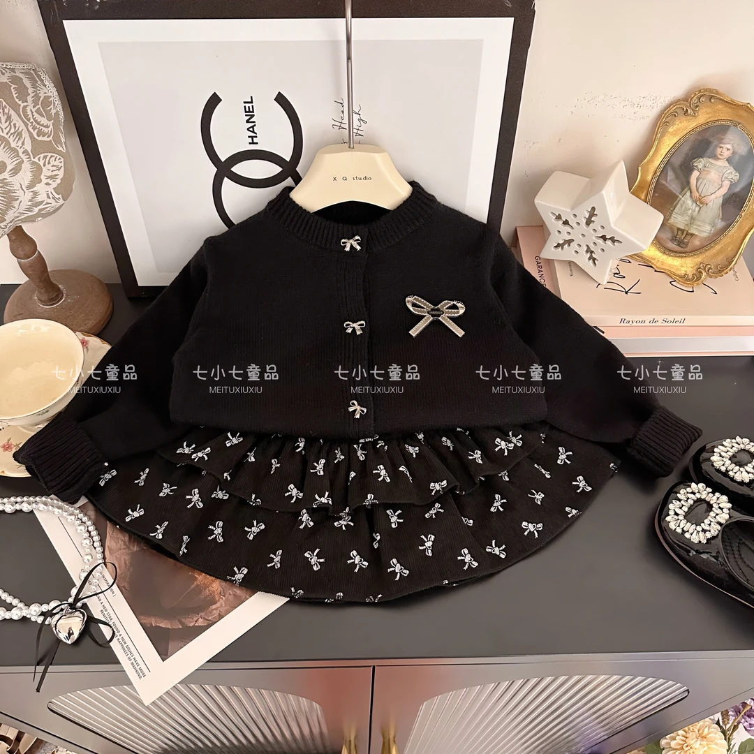 女童2025春季新款洋气学院风针织衫百褶裙套装