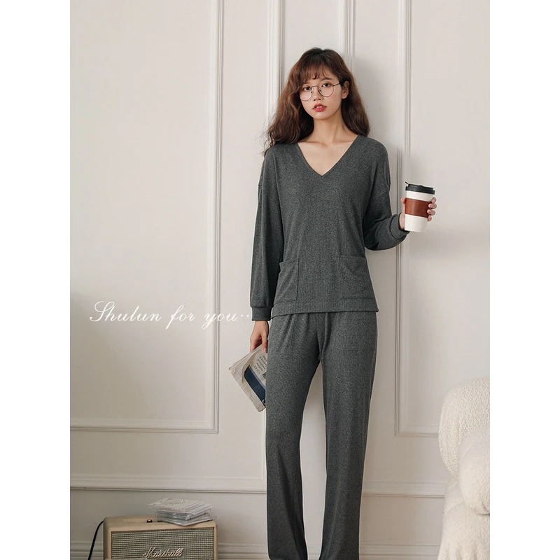 舒纶 多色罗纹圆领长袖睡衣韩版女家居服套装简约大方两件套秋季