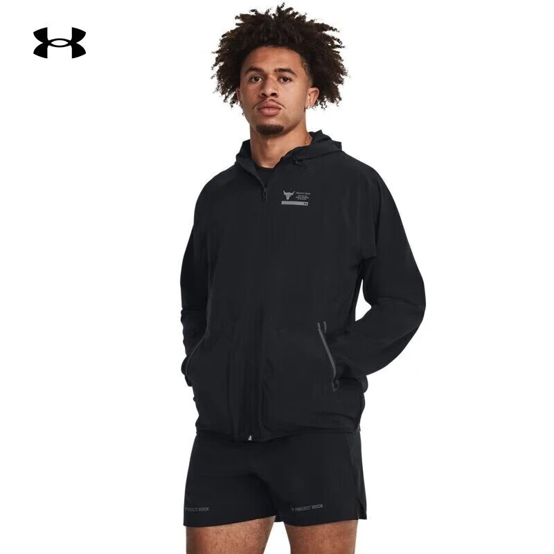 安德玛春季新款Project Rock强森男子训练运动外套弹力连帽夹克男