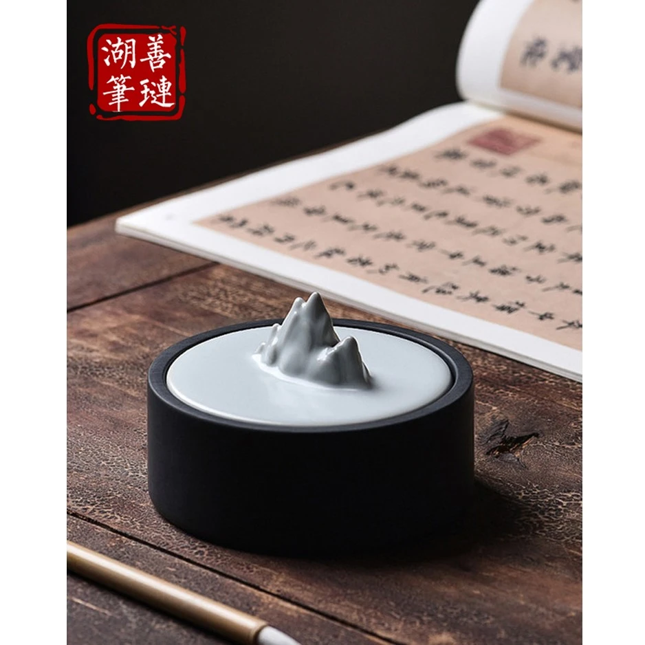 善琏湖笔 观山砚台 歙砚带盖文房天然原石磨墨火锅墨碟墨盒洗笔