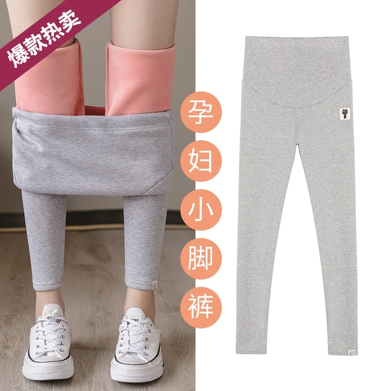 孕妇打底裤秋冬加绒加厚冬季怀孕裤子外穿高腰托腹裤子小脚裤冬款