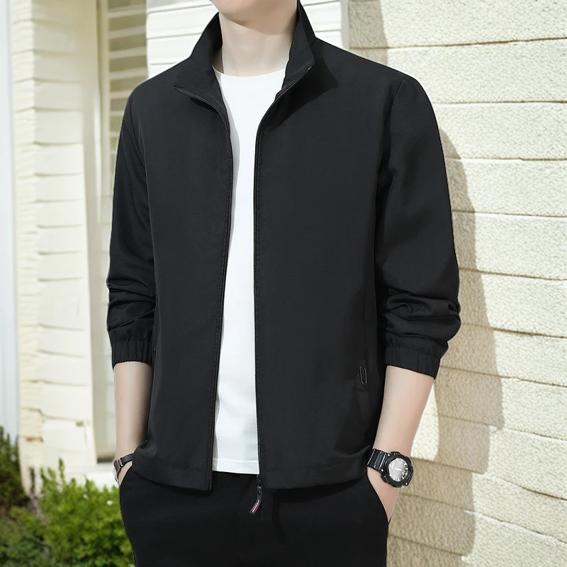 春秋薄款宽松百搭纯色立领夹克男士新款潮流韩版修身休闲外套上衣
