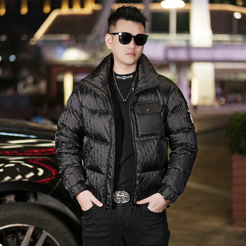 冬季时尚潮流短款立领羽绒服男士提花休闲百搭保暖修身白鸭绒外套