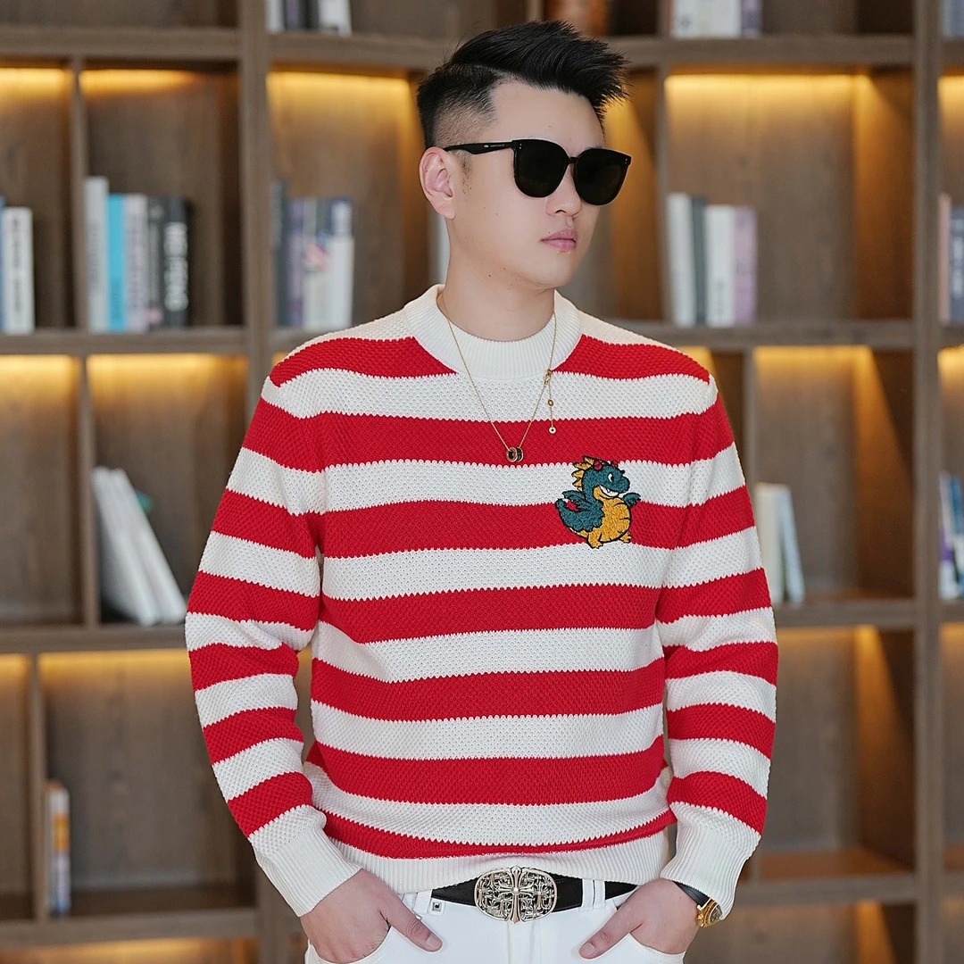 欧货2024秋冬新款男士时尚撞色条纹休闲百搭圆领长袖针织羊毛衫潮