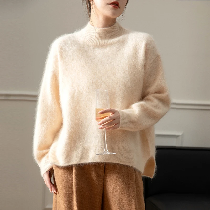 350克加厚康赛妮100%山羊绒拉毛羊绒衫女前短后长宽松半高领毛衣