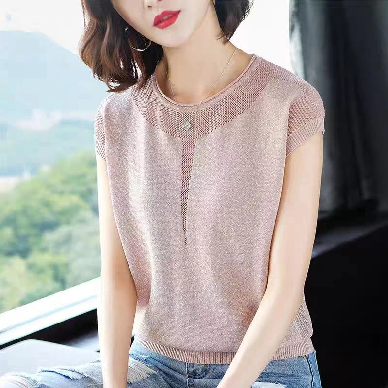 别致女装亮丝短袖镂空设计感冰丝T恤女洋气蝙蝠衫宽松薄款针织衫