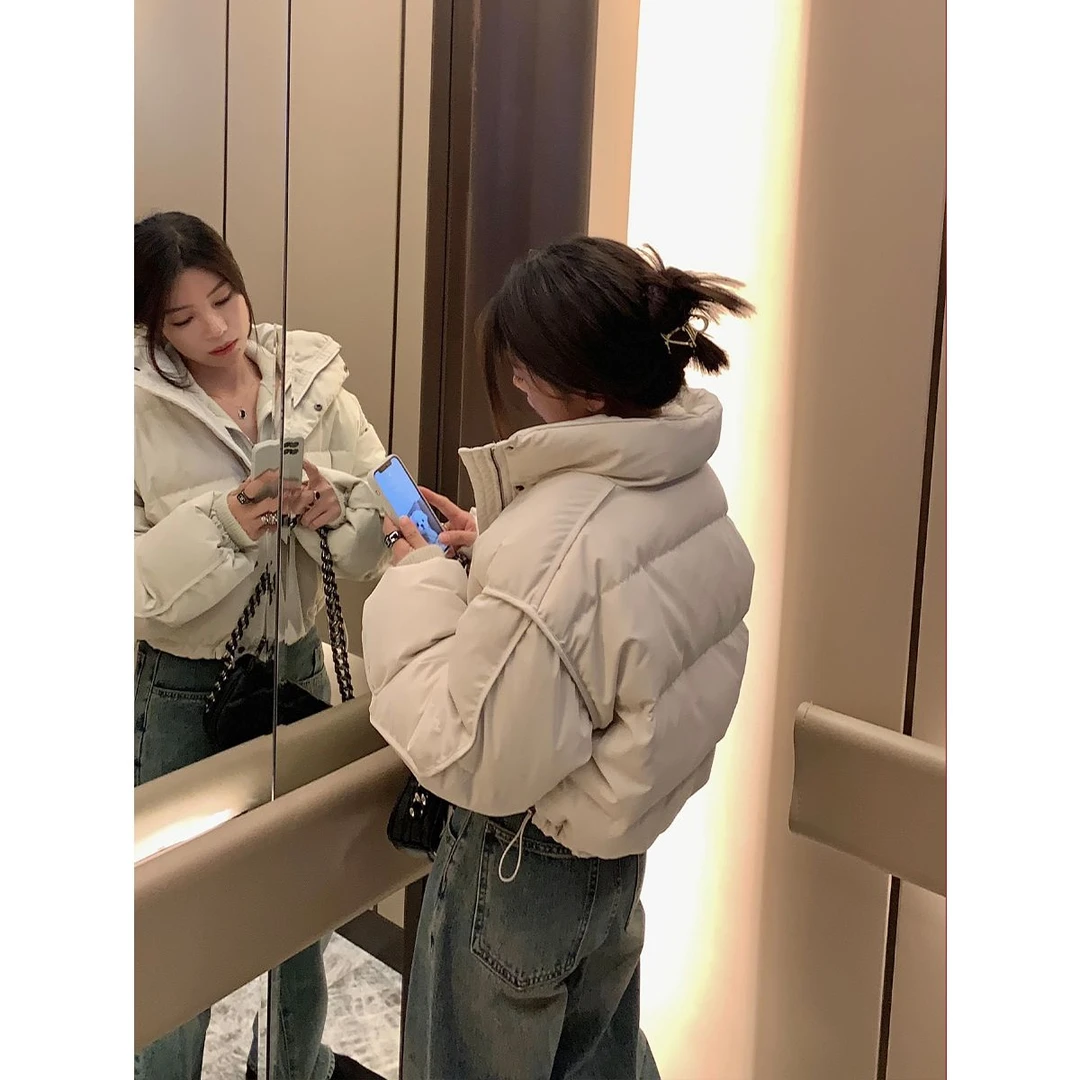 江红2023年时尚短款炸街高腰加厚立领下摆抽绳羽绒服女款冬季潮