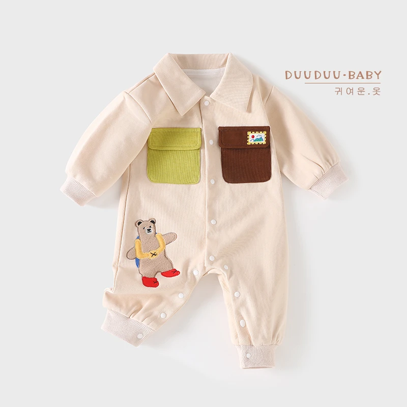 DU贝嘉乐【高定版】春秋新款长袖爬服口袋小熊双层无骨连体爬服