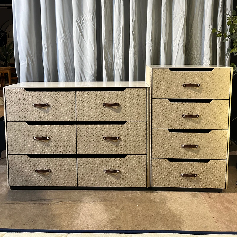 轻奢马鞍皮斗柜现代简约客厅墙边柜卧室储物柜抽屉收纳四斗柜