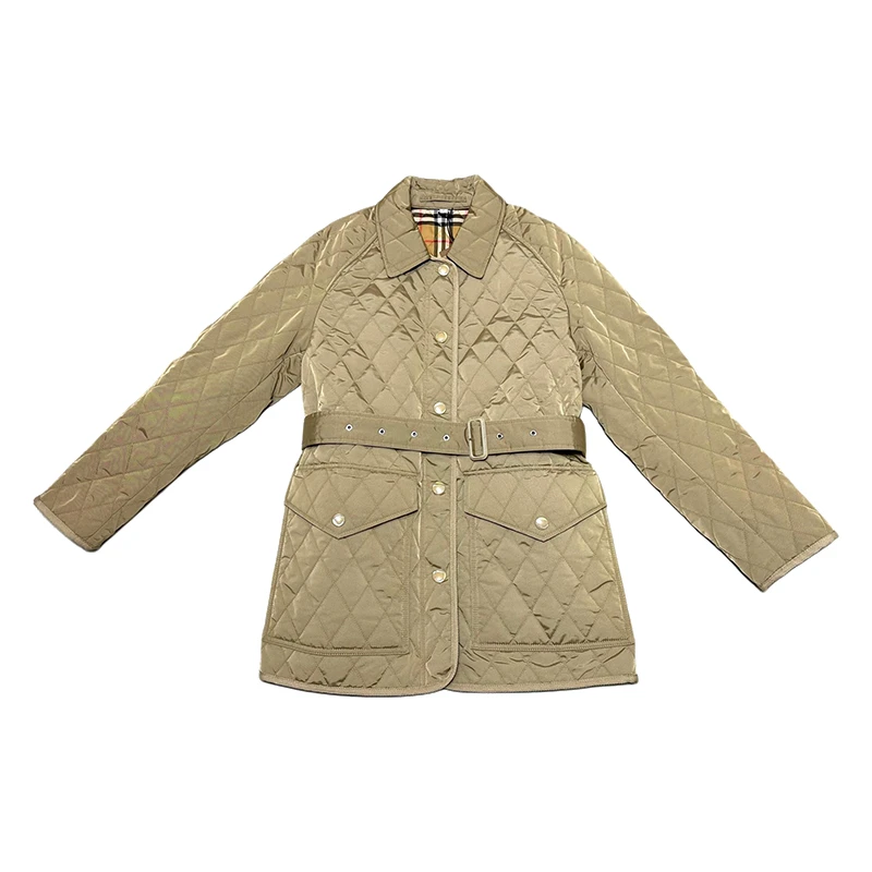 BURBERRY/博柏利巴宝莉冬季女士纯色菱形格单排扣翻领棉服小香风