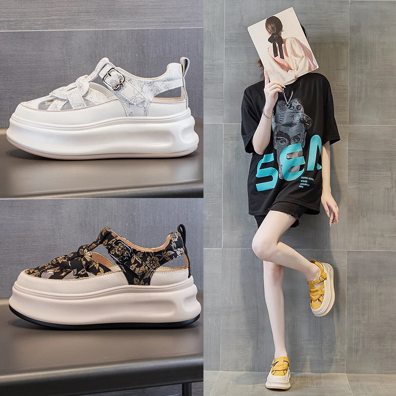 夏季时尚真皮镂空透气魔术贴外穿女凉鞋软底厚底百搭运动休闲女鞋