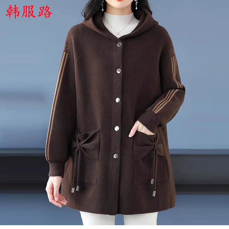 【现货】双面绒连帽大码女士宽松中长款加厚秋冬洋气时尚休闲外套