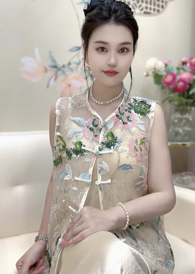 【丹妮甄选】-新中式桑蚕丝重工刺绣钉珠高端显瘦气质马甲#368网红