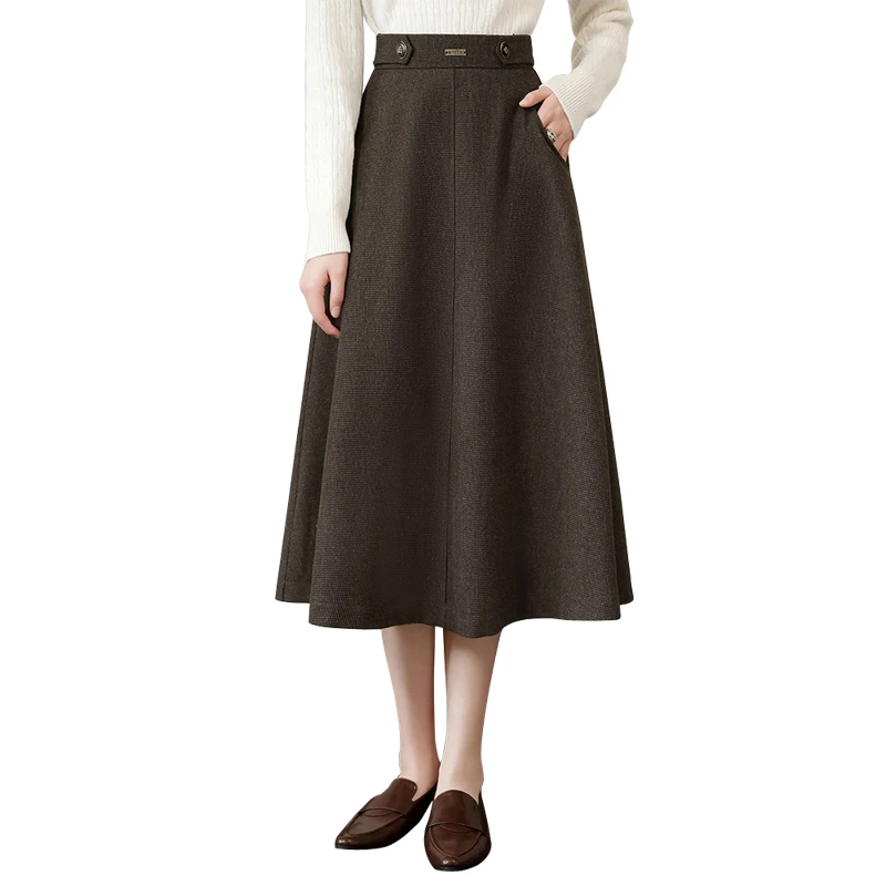 丝柏舍2024冬装新款女复古中长款绵羊毛半身裙高腰A字裙S44Y9052B