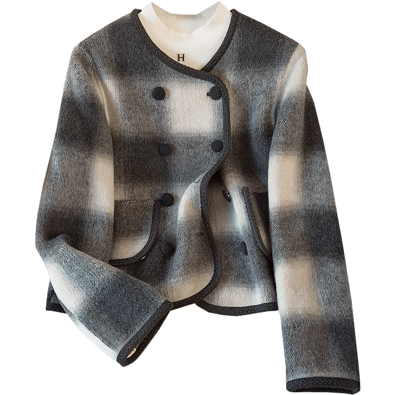 丝柏舍2025春装新款女装圆领宽松绵羊毛双排扣格子外套S43B6384A