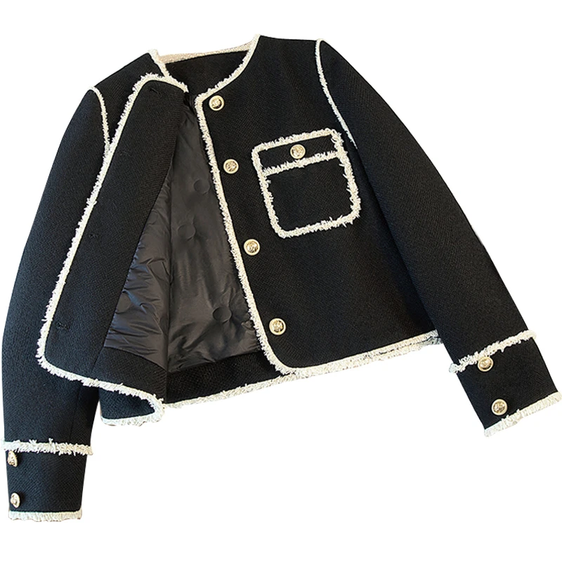 丝柏舍2024冬装新款女撞色长袖毛边气质小香风羽绒外套S43B9349A