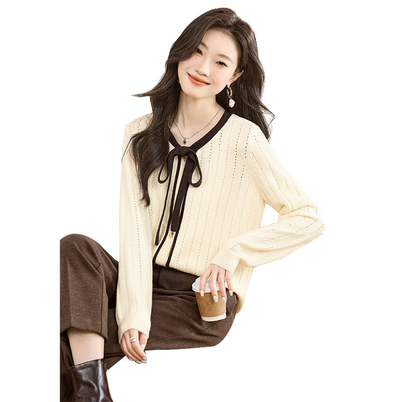 丝柏舍2025春装新款学院风宽松休闲撞色长袖系带针织衫S43S0011Z