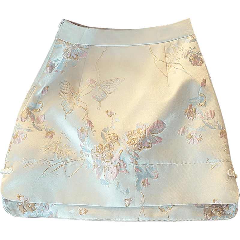 丝柏舍2025春装新款女高腰短款盘扣A字新中式提花半身裙S43B6652B