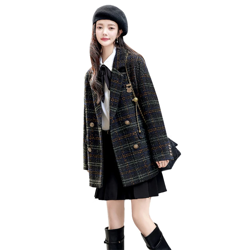 丝柏舍2025冬装新款女装双排扣格纹时尚气质学院风大衣S34B5745D