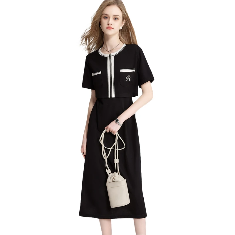 2025夏装新款女时尚修身气质短袖拼接假两件圆领连衣裙T42Z1876L