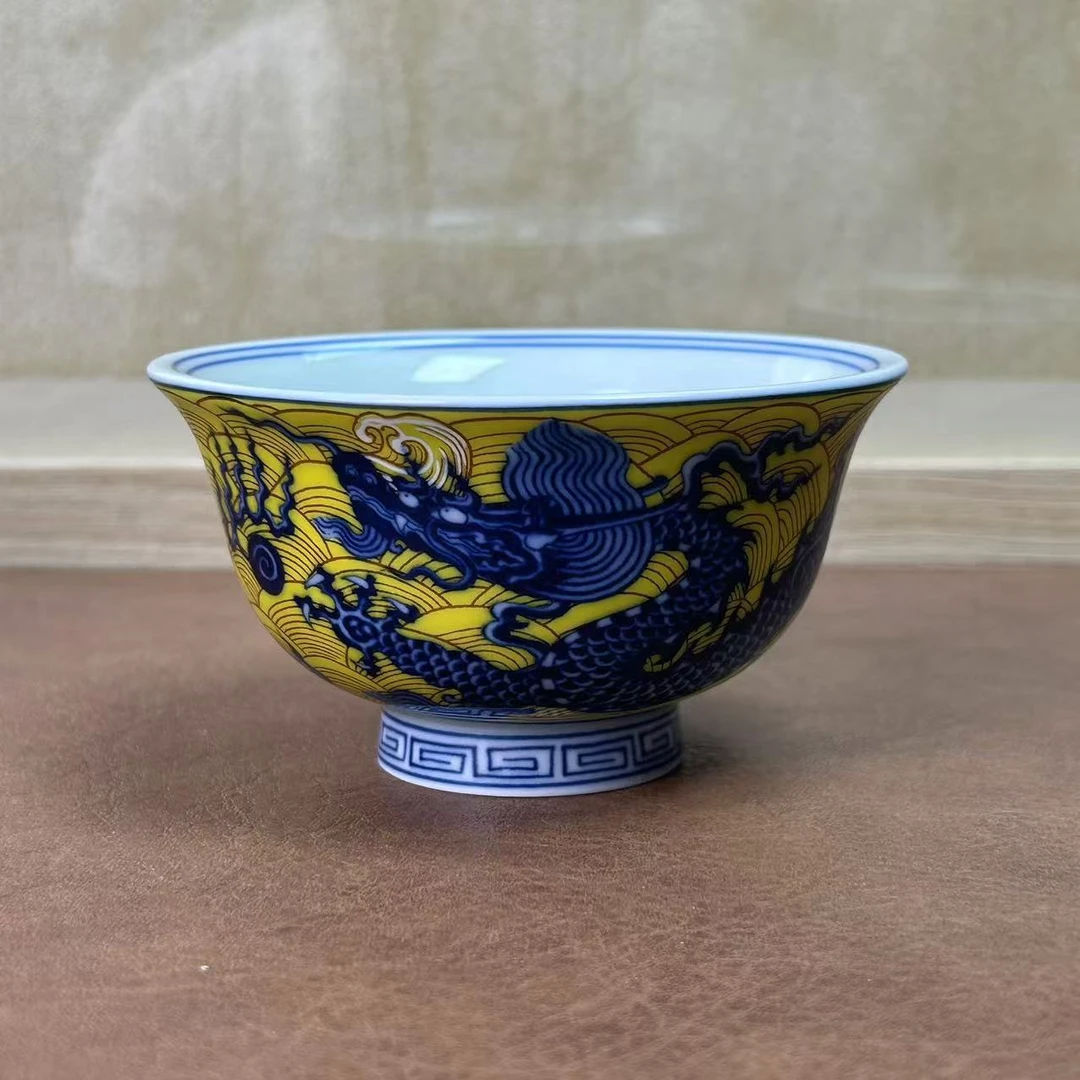 景德镇陶瓷青花黄釉宣德龙纹主人杯大压手杯高级实用茶具茶器