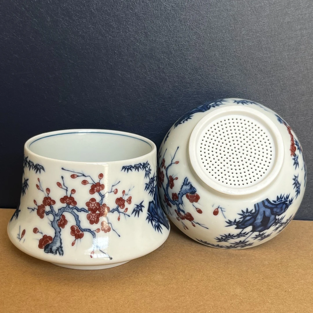 景德镇陶瓷釉里红松竹梅茶漏实用茶具好清洗复古家用高级茶滤白瓷