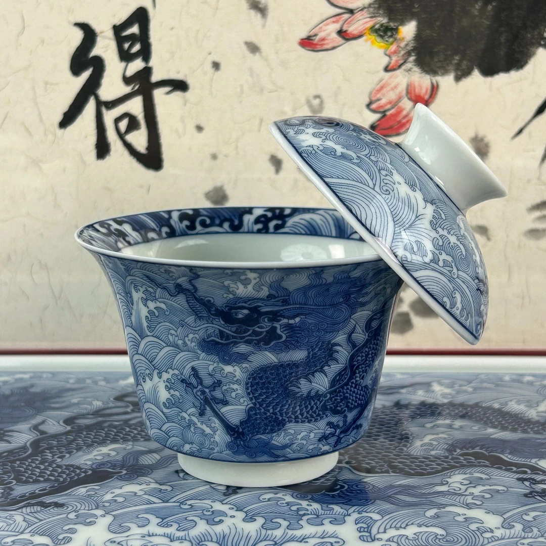 景德镇陶瓷青花江崖海水龙马蹄手工缠枝盖碗青花瓷复古茶具小容量