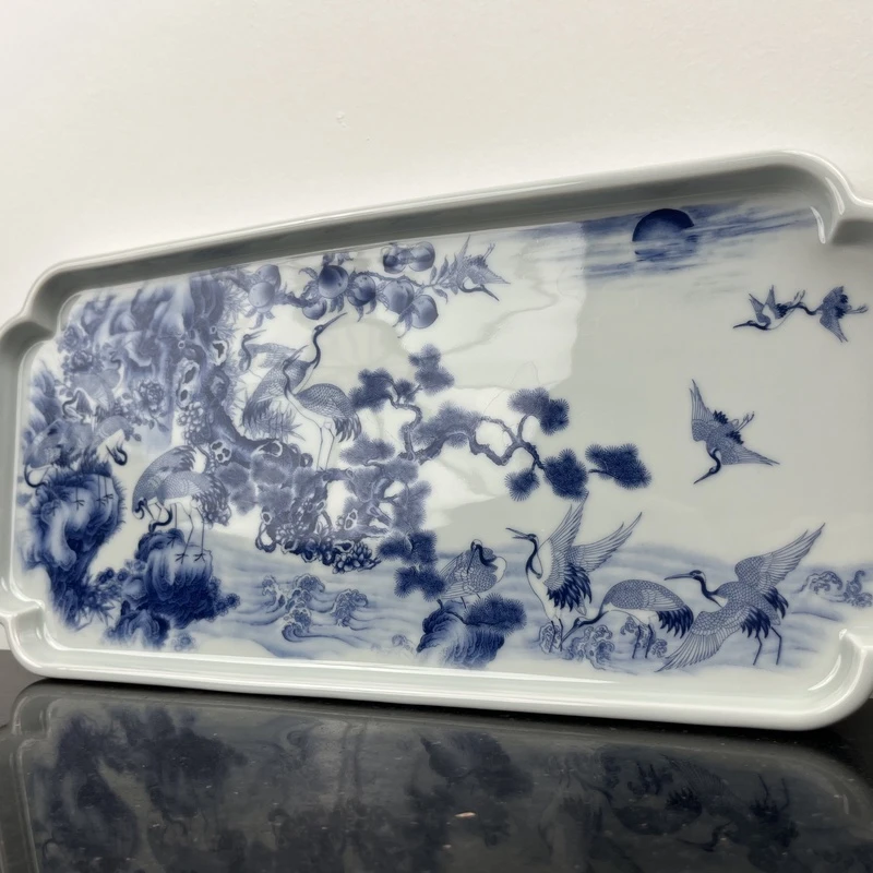 景德镇青花仙鹤、复古手工陶瓷龙纹茶盘茶道大盘干泡盘青花瓷家用