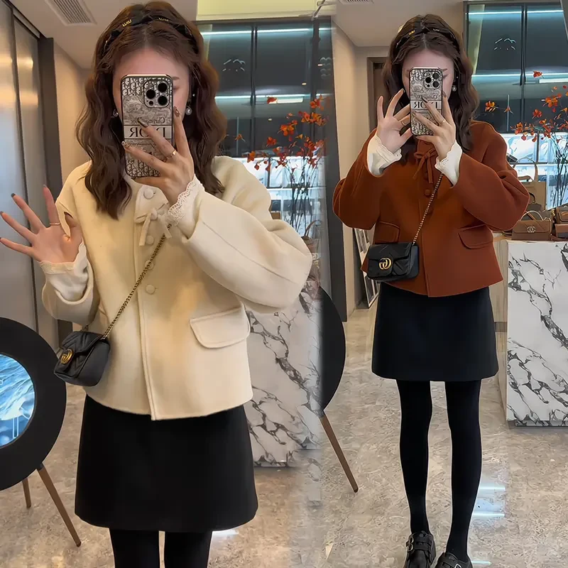 高智感蝴蝶结减龄大衣外套小个子修身显瘦短裙套装裙子套装两件套