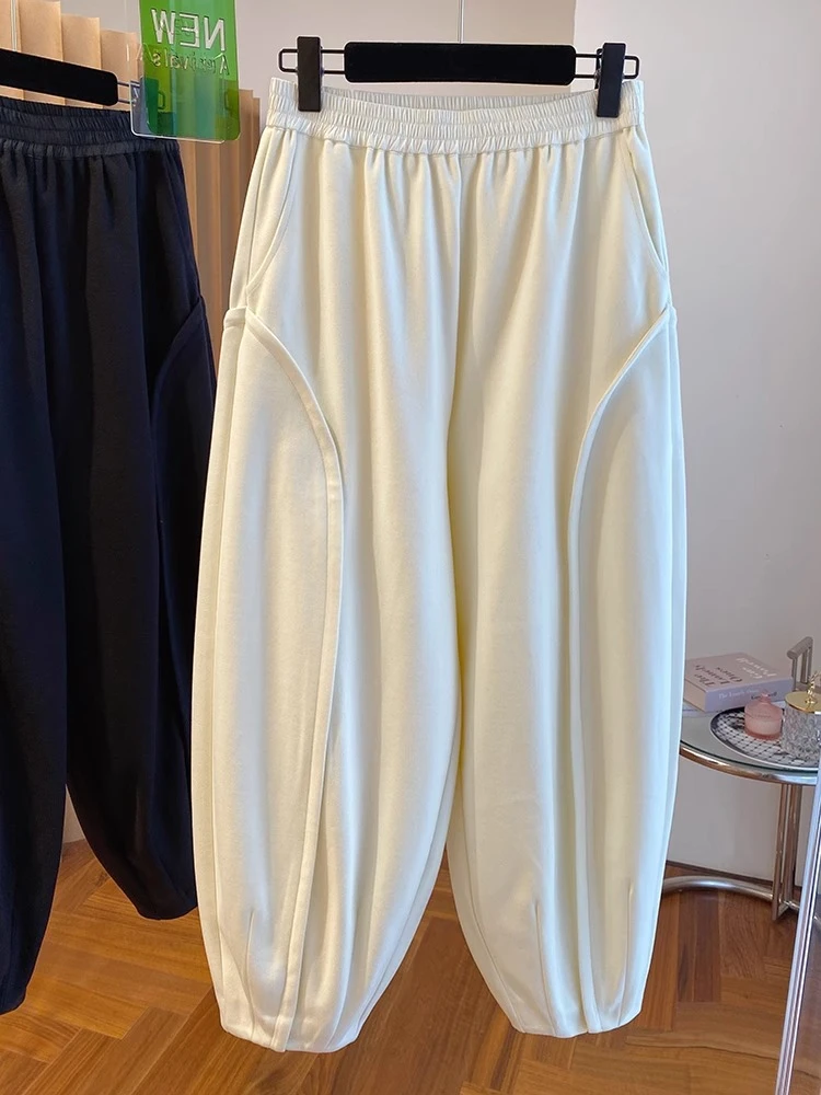 2023秋冬新款时尚休闲加绒卫裤女胖mm宽松百搭高腰束脚哈伦九分裤