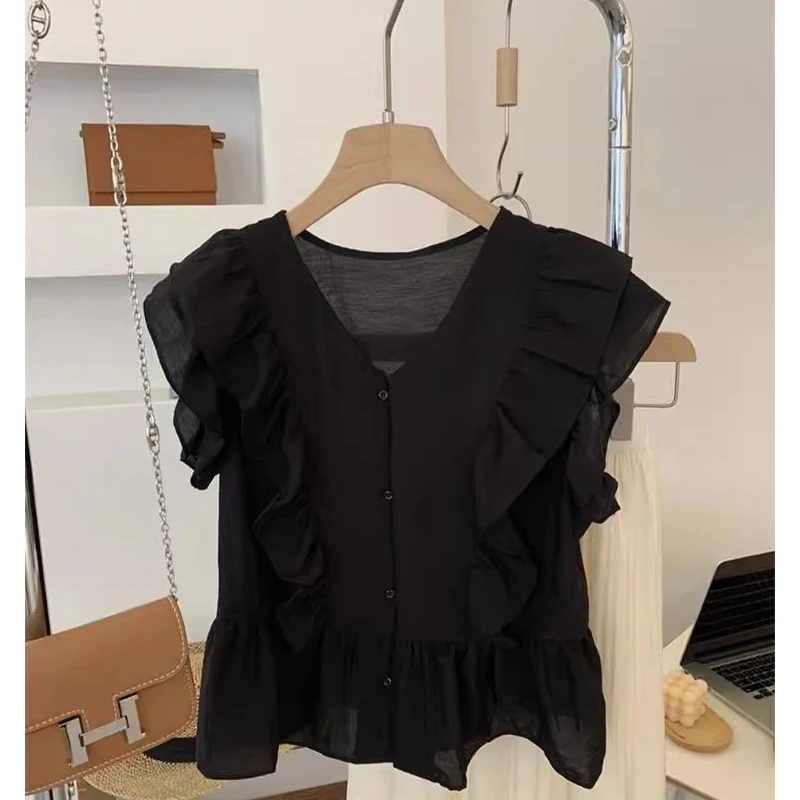 大码女装法式显瘦飞飞袖雪纺衬衫上衣女夏季新款时尚洋气减龄上衣