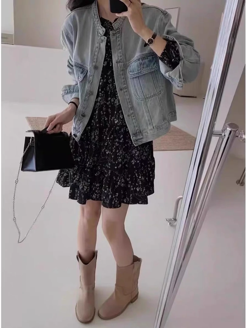 2025年早春新款复古水洗宽松圆领百搭牛仔外套碎花连衣裙两件套女