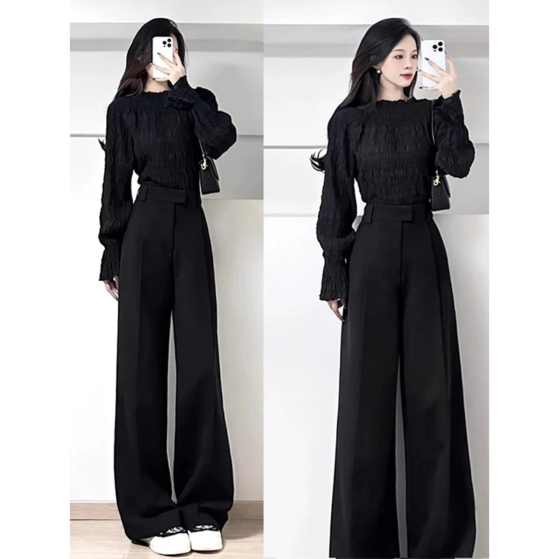 盐系轻熟穿搭秋装搭配一整套大码胖mm黑色衬衫阔腿裤职业通勤套装