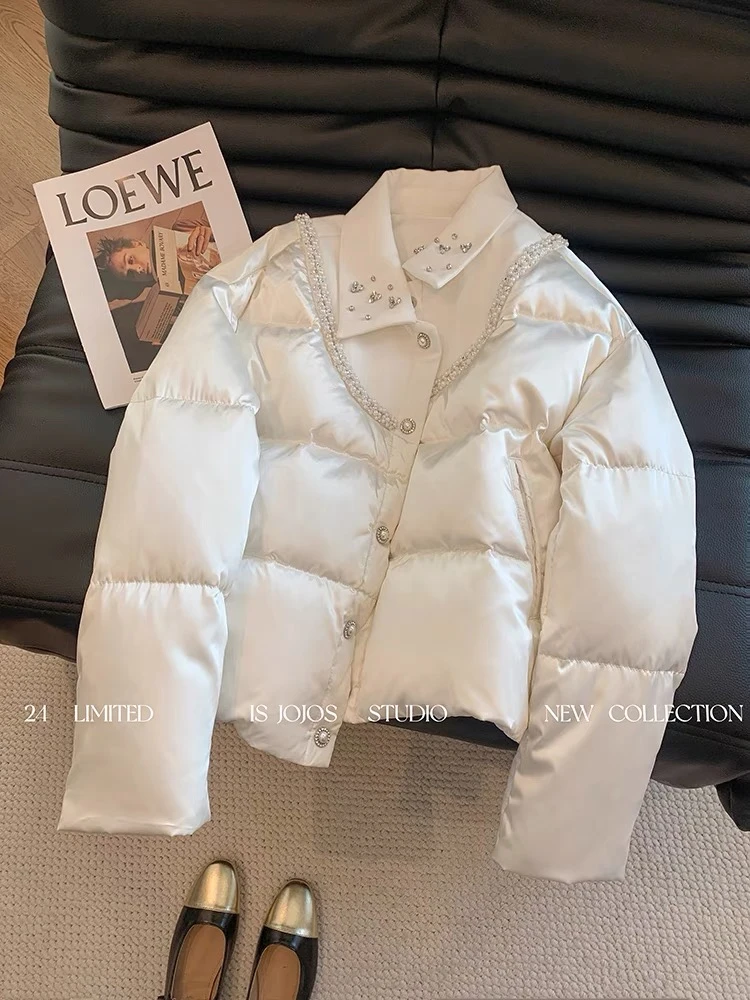 白色小香风亮钻钉珠拼接棉服女款冬季保暖宽松显瘦加厚短款面包服