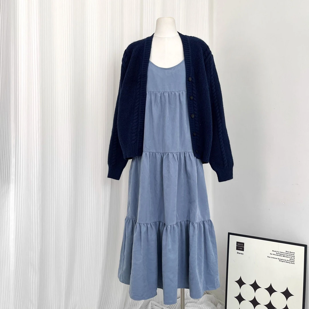 秋季穿搭一整套吊带连衣裙毛衣开衫2024新款韩风chic高级感两件套