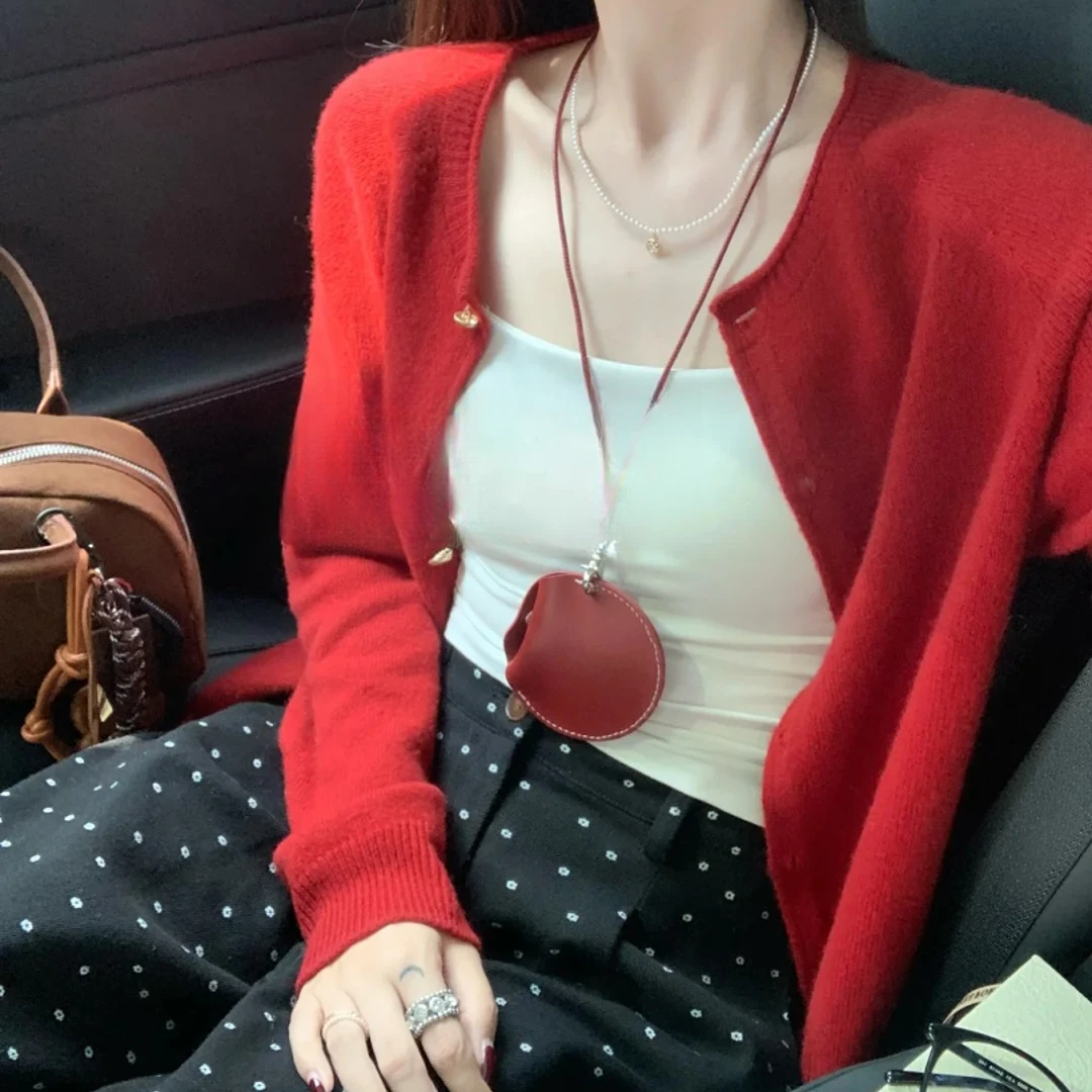 入秋搭配一整套慵懒风气质红色针织开衫休闲宽松波点长裤两件套女