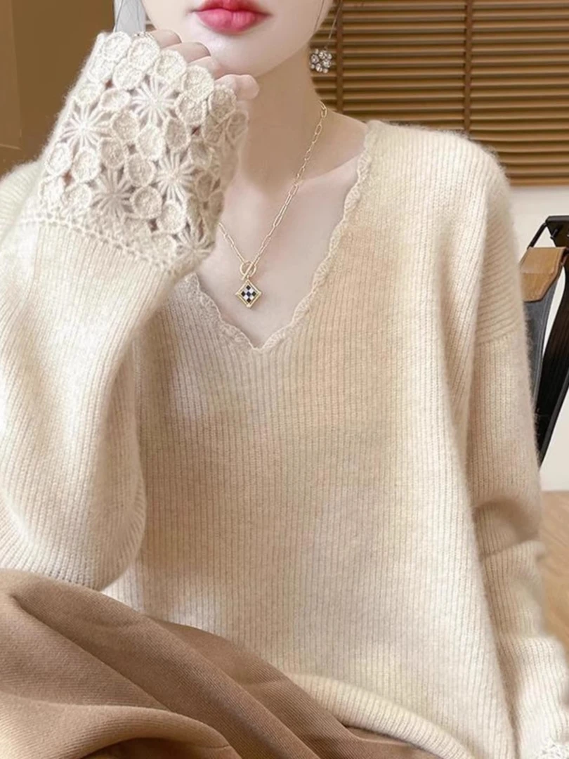 大码胖mm重工钩花V领套头毛衣外套高级感宽松针织衫慵懒风打底衫