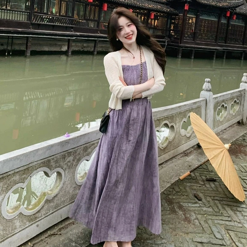 法式温柔风气质紫色吊带连衣裙开衫外搭女早秋高级感两件套装裙子