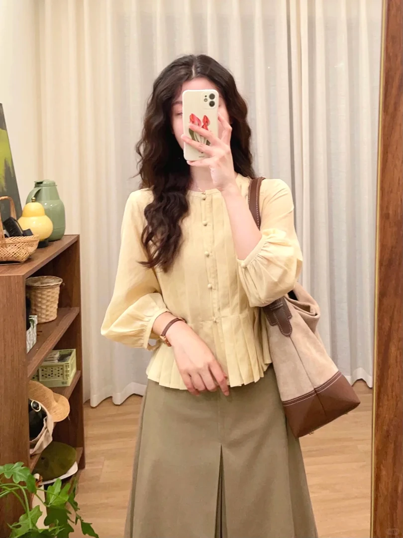 入秋搭配一整套小个子休闲长袖百褶衬衫上衣气质高腰半身裙两件套