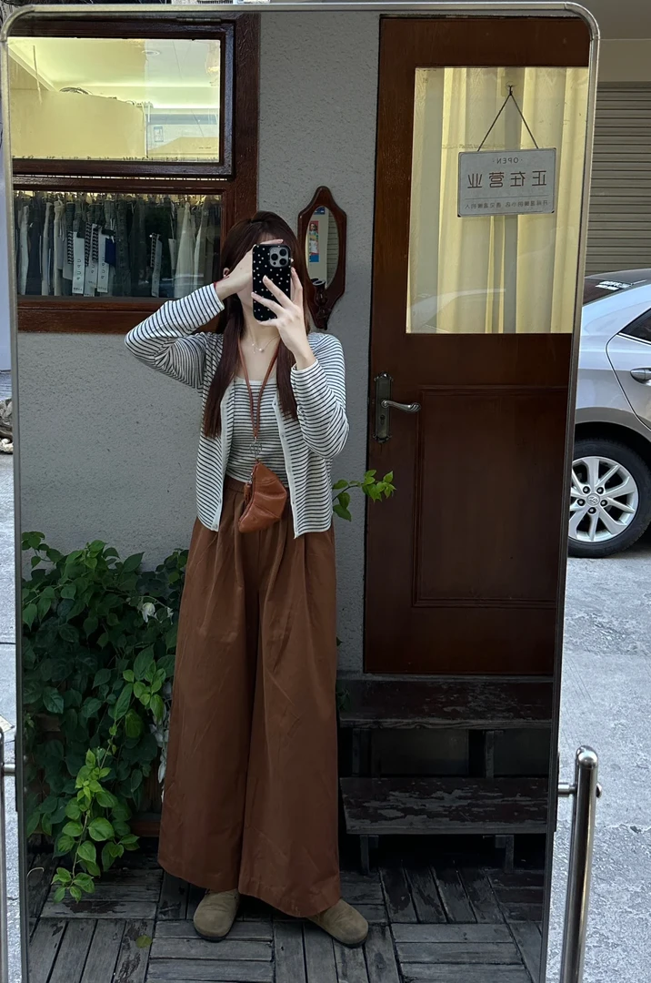 2025秋季一整套女慵懒风复古条纹开衫上衣休闲阔腿裤子三件套装女