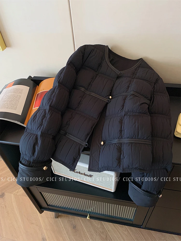 高级感简约黑色菱格拼接小香风棉服女2024冬新款气质轻薄夹棉外套