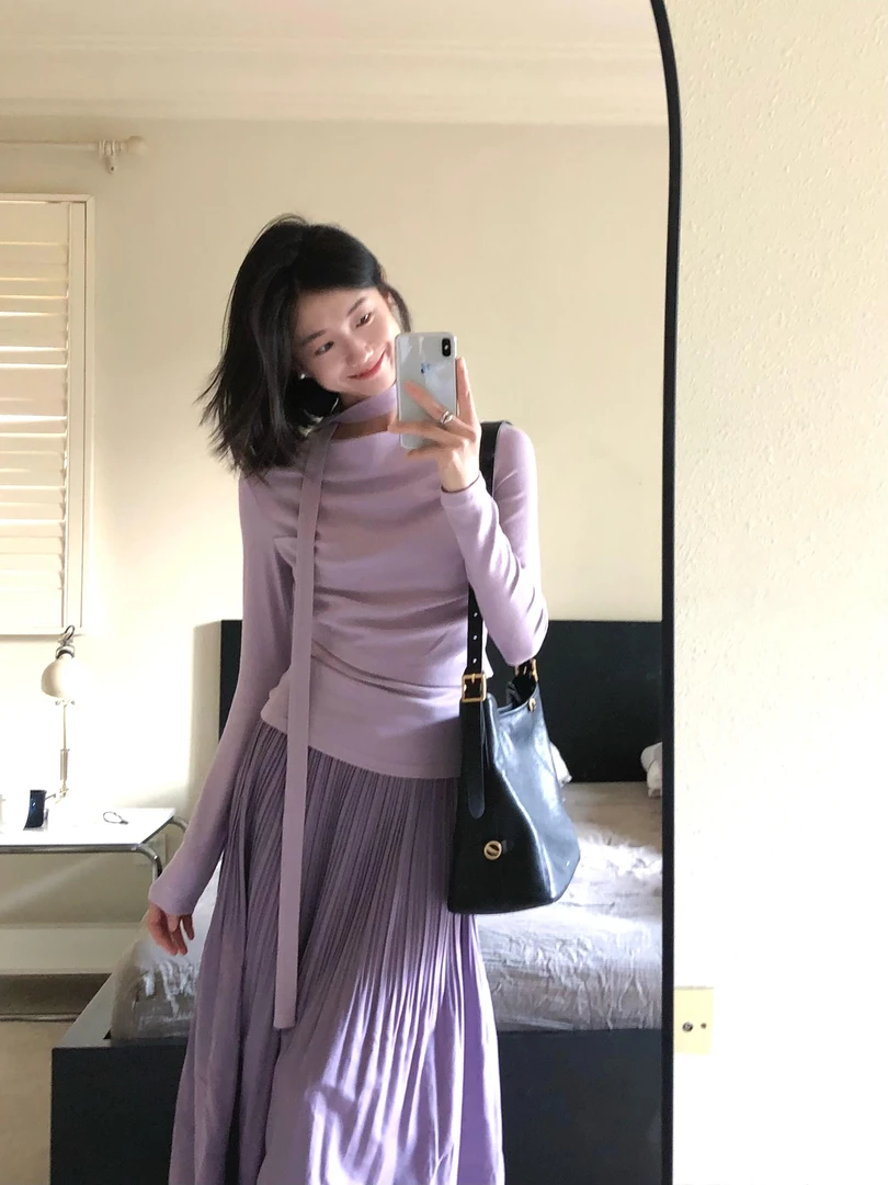 2024秋季一整套女温柔风紫色针织上衣女搭配百褶半身裙两件套装女