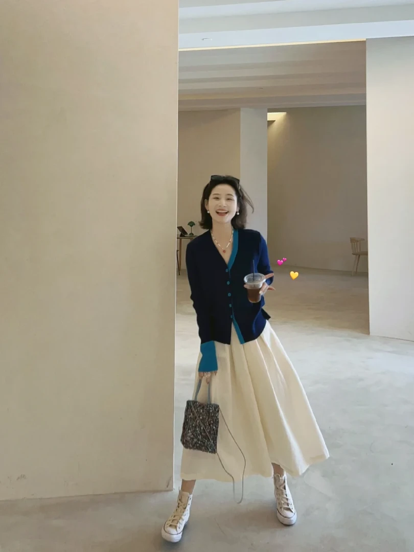 2024秋装搭配一整套拼色针织开衫上衣搭配休闲半身裙显瘦两件套女