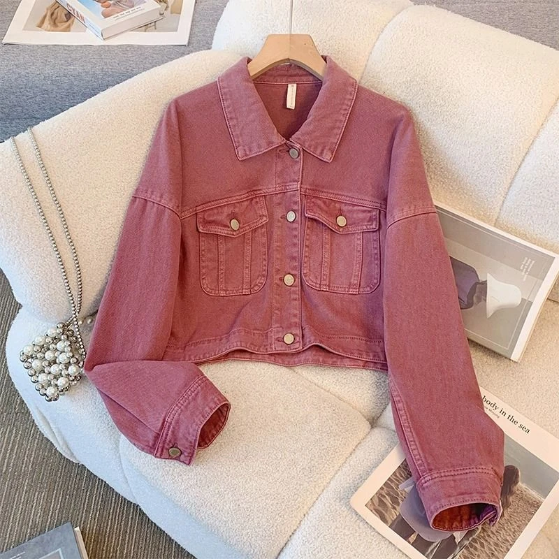 粉色短款牛仔外套女春秋季大码胖mm宽松百搭时尚减龄复古开衫上衣