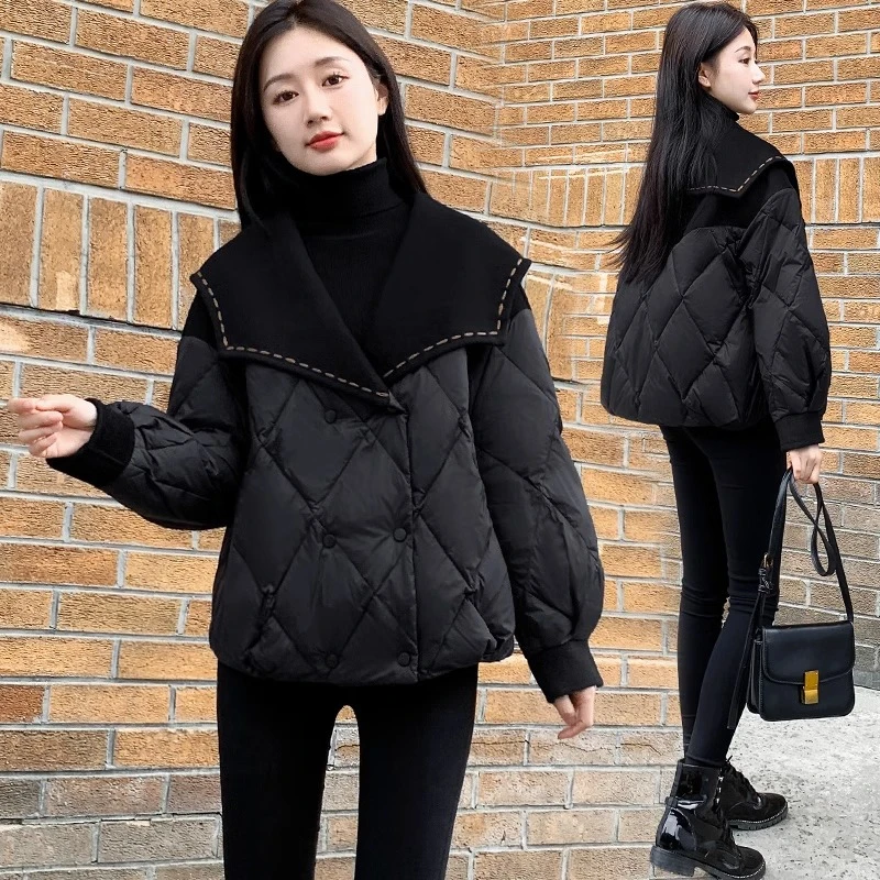 2023冬季新款大码胖mm菱格棉服外套女小个子加厚短款黑色面包服潮