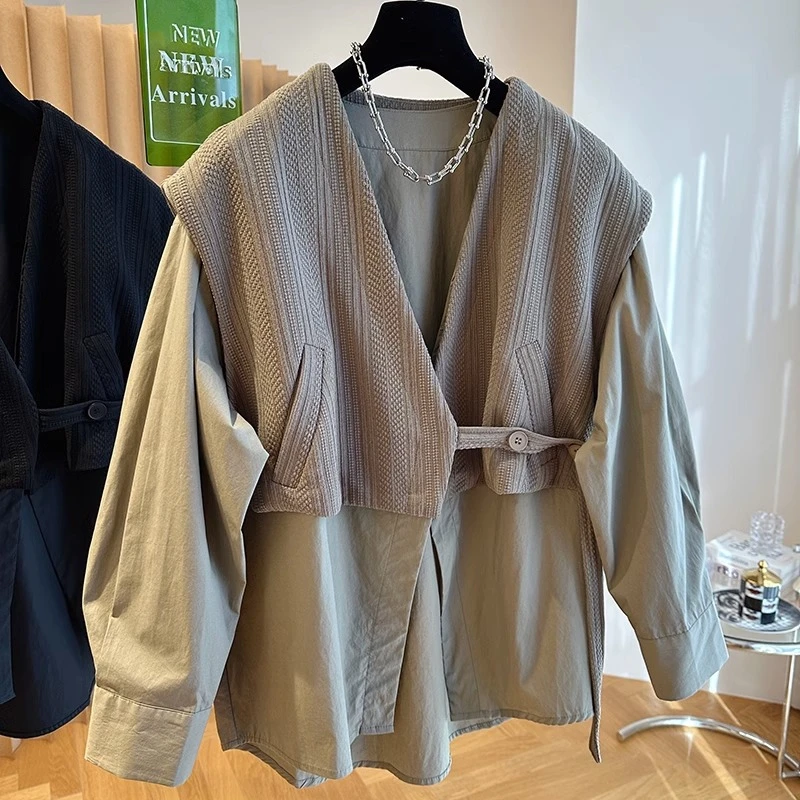 欧货大码设计感针织马甲拼接衬衫女春秋装时尚藏肉显瘦假两件上衣